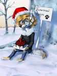  anthro cake canine christmas clothed clothing food fox hat holidays looking_at_viewer male mammal nelly63 outside santa_hat sitting smile snow solo 