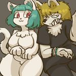  1boy 1girl breasts brown_hair cat furry grin pink_eyes sasamino short_hair teal_hair wolf 