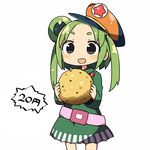  :d belt black_eyes blush dress eyebrows food green_dress green_hair hat holding holding_food kanikama long_hair long_sleeves looking_at_viewer lowres open_mouth original personification short_dress simple_background smile snack solo thick_eyebrows twintails white_background 