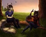  anthro clothed clothing duo feline female lynx male mammal nelly63 outside sitting smile 