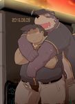  2016 baseball_bat baseball_uniform bear belt blush chain_fence clothing duo embrace human japanese_text kisukemk7 leaning male mammal open_dress_shirt open_pants_zipper outside overweight sports_uniform sweat team text twilight unbelted uniform 