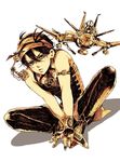  aerosmith_(stand) aircraft airplane armband aruti bare_shoulders closed_mouth frown full_body gears hairband highres jojo_no_kimyou_na_bouken looking_at_viewer male_focus monochrome narancia_ghirga sepia shadow shoes simple_background sitting solo stand_(jojo) steampunk white_background 