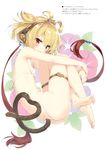  absurdres andira_(granblue_fantasy) ass bare_legs barefoot bikini blonde_hair blush breasts brown_eyes covered_mouth crossed_legs erune feet fetal_position from_side full_body granblue_fantasy hair_ornament hairband heart heart_tail highres looking_at_viewer micro_bikini monkey_tail peko scan short_hair sideboob simple_background small_breasts soles solo string_bikini swimsuit tail thighlet thong_bikini toes two_side_up white_background 