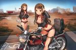  :o :q absurdres anmi arch arm_up bikini bikini_under_clothes black_jacket black_shorts blue_sky box breasts brown_hair building buttons choker cleavage cliff closed_mouth collarbone cropped_jacket day desert ground_vehicle gun hand_on_own_chest handgun highres holster jacket legs_together long_hair long_sleeves looking_at_viewer medium_breasts motor_vehicle motorcycle multiple_girls on_motorcycle open_fly original outdoors parted_lips pistol red_bikini red_eyes red_shirt sheath sheathed shiny shiny_skin shirt short_shorts shorts side-tie_bikini sitting sky standing summer swimsuit thigh_holster thigh_strap tongue tongue_out weapon 