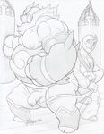  anthro anthrofied balls bandage big_muscles blush clothed clothing dudebulge duo emboar fighting_stance flaccid greyscale humanoid_penis male male/male mammal monochrome muscular nintendo nipples pants_down pants_pull partially_clothed partially_retracted_foreskin pencil_(artwork) penis pok&eacute;mon porcine punching_bag sawk signature size_difference standing traditional_media_(artwork) uncut video_games 