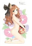  absurdres ankleband anklet ass ball barefoot beachball bikini blush bow breasts brown_eyes brown_hair butt_crack dimples_of_venus feet from_side granblue_fantasy green_eyes hair_bow hairband highres jewelry kneeling long_hair looking_at_viewer micro_bikini peko sara_(granblue_fantasy) side-tie_bikini small_breasts smile solo string_bikini swimsuit thong_bikini white_bikini 