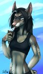  anthro clothed clothing dessert feline female food ice_cream looking_at_viewer mammal nelly63 outside smile solo tongue tongue_out 