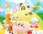  blue_eyes blueberry blush_stickers brown_eyes brown_hat bush chef_hat chimney cloth cloud commentary_request cup day drinking_glass flat_cap food fork froth fruit hat highres kinuyo_(kinuxi) kirby kirby_(series) maxim_tomato no_humans open_mouth outdoors pancake pennant plate rainbow raspberry smile smoke spoon star star_pin strawberry tree waddle_dee white_hat 