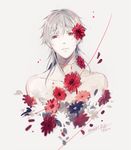  flower hair_flower hair_ornament highres male_focus parted_lips petals rei_(usabiba) shirtless solo touken_ranbu tsurumaru_kuninaga upper_body white_hair yellow_eyes 