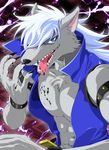  2012 anthro black_nose blue_eyes canine claws clothed clothing fur grey_fur hair hi_res long_hair male mammal muscular nipples pretty_cure smile_pretty_cure solo teeth tongue white_hair wolf wolfrun ぱりぽい（ドラグーン) 