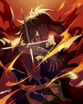  1boy amputee black_hair dororo_(tezuka) fighting_stance fire hair_over_one_eye hyakkimaru_(dororo) japanese_clothes long_hair looking_at_viewer missing_limb ponytail prosthesis prosthetic_arm red_eyes solo sword tsugutoku weapon 