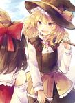  bare_shoulders blonde_hair blush bow braid brown_eyes brown_hair detached_sleeves hair_bow hair_tubes hakurei_reimu hat hat_bow kirisame_marisa multiple_girls nini3piyo open_mouth side_braid touhou witch_hat 