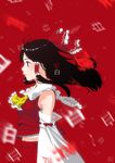  arms_at_sides ascot black_hair bow breasts closed_mouth detached_sleeves expressionless eyelashes frilled_bow frilled_shirt_collar frills hair_bow hair_tubes hakurei_reimu kanji kitano_(kitanosnowwhite) layered_clothing medium_breasts midriff profile red_background red_eyes red_shirt red_skirt ribbon-trimmed_sleeves ribbon_trim shirt signature skirt solo touhou translated upper_body wide_sleeves wind 