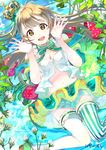  1girl :d bad_id bad_pixiv_id brown_eyes brown_hair crown flower food frills fruit green_skirt hands_up knees_together_feet_apart long_hair looking_at_viewer love_live! love_live!_school_idol_project minami_kotori mismatched_legwear navel neck_ribbon one_side_up open_mouth ribbon skirt smile solo strawberry striped striped_legwear thighhighs thistle vertical-striped_legwear vertical_stripes white_legwear zettai_ryouiki 