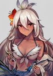  ahoge alternate_costume bikini_top blonde_hair breasts cleavage commentary_request dark_skin flower front-tie_bikini front-tie_top granblue_fantasy hair_flower hair_ornament hand_in_hair hibiscus highres large_breasts long_hair looking_at_viewer off_shoulder orange_eyes robe sketch smile solo spaghetti_strap upper_body walzrj zooey_(granblue_fantasy) 