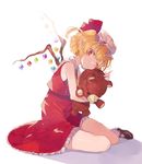  arm_up ascot bangs bare_shoulders blonde_hair blush brown_footwear flandre_scarlet frilled_skirt frills full_body hat hat_ribbon holding holding_stuffed_animal kikkaiki looking_at_viewer mary_janes mob_cap on_floor one_eye_closed pointy_ears red_eyes red_ribbon red_skirt ribbon shoes simple_background sitting skirt skirt_set sleeveless solo stuffed_animal stuffed_bunny stuffed_toy teddy_bear touhou vest white_background white_legwear wings yokozuwari 