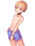  1boy bangle bangs blonde_hair blue_shorts bracelet brown_choker choker clyde_s contrapposto hand_on_hip highres jewelry looking_at_viewer male_focus navel nipples red_eyes short_hair short_shorts shorts simple_background smile solo topless trap white_background 