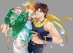  belt blonde_hair brown_hair bubble caesar_anthonio_zeppeli clacker crop_top goggles goggles_around_neck green_eyes grin headband jacket jojo_no_kimyou_na_bouken joseph_joestar_(young) kine_(warabi_mk501) male_focus midriff multiple_boys muscle open_mouth scarf smile striped striped_scarf winged_hair_ornament 