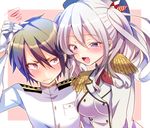  1girl admiral_(kantai_collection) age_difference aizawa_chihiro blush brown_hair epaulettes gloves grimace hand_on_another's_head hat kantai_collection kashima_(kantai_collection) little_boy_admiral_(kantai_collection) military military_uniform naval_uniform open_mouth purple_eyes red_eyes silver_hair squiggle twintails uniform 