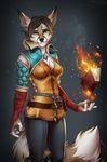  5_fingers anthro black_nose book breasts brown_hair canine clothed clothing eyelashes female fire fluffy fluffy_tail fur green_eyes hair heterochromia jewelry looking_at_viewer mammal necklace simple_background solo standing tril-mizzrim wide_hips yellow_eyes 