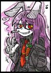  1girl animal_ears black_border blush_stickers border bunny_ears bunny_tail carrot cigarette eighth_note eyebrows eyebrows_visible_through_hair formal grin hair_between_eyes hand_in_pocket line_shading long_hair looking_at_viewer musical_note outline red_eyes reisen_udongein_inaba sidelocks sketch smile smoking solo suenari_(peace) suit tail touhou v very_long_hair white_background white_skin wing_collar 