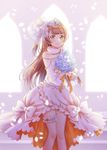  armlet bangs blush bouquet bow bride brown_hair dress earrings flower frills fur_collar hair_bow holding holding_bouquet hoshisakura_(starblossom) jewelry long_hair looking_at_viewer love_live! love_live!_school_idol_festival love_live!_school_idol_project minami_kotori petals ribbon smile solo strapless strapless_dress thigh_strap tiara veil wedding_dress white_bow white_dress window yellow_eyes 