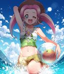 ;d ball beachball green_eyes hanami_kotoha hat long_hair looking_at_viewer mahou_girls_precure! midriff naokado navel ocean one_eye_closed open_mouth partially_submerged pink_hair precure smile solo sun sunlight swimsuit twintails 