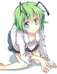  all_fours antennae bare_legs barefoot black_shorts blush breasts commentary_request green_eyes green_hair leaning_forward long_sleeves looking_at_viewer no_bra shirt short_hair shorts small_breasts smile solo suichuu_hanabi touhou white_background white_shirt wriggle_nightbug 