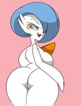  2016 alternate_color big_butt blue_hair breasts butt butt_pose female gardevoir hair hair_over_eye humanoid looking_at_viewer looking_back nintendo nude open_mouth open_smile pok&eacute;mon rear_view robbonp shiny_pok&eacute;mon side_boob simple_background smile solo video_games white_body white_skin 