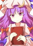  &gt;:( annoyed bangs blue_bow blue_ribbon blunt_bangs blush book book_hug bow capelet closed_mouth commentary_request crescent frown hair_bow hat hat_ribbon holding holding_book long_hair looking_at_viewer mob_cap pajamas patchouli_knowledge pink_eyes purple_hair red_bow red_ribbon ribbon sidelocks slit_pupils solo suichuu_hanabi touhou upper_body v-shaped_eyebrows 