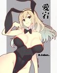  alternate_costume animal_ears areola_slip areolae atago_(kantai_collection) bare_shoulders black_eyes blonde_hair bow bowtie breasts breasts_apart bunny_ears bunny_girl bunny_tail bunnysuit character_name dated detached_collar fake_animal_ears hairband kabun_(suzuna_jct) kantai_collection large_breasts leotard long_hair looking_at_viewer neck_ribbon ribbon smile tail twitter_username 