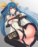  1girl 77ouzi arc_system_works ass asymmetrical_wings bare_shoulders black_legwear blue_hair blush breasts detached_sleeves dizzy guilty_gear guilty_gear_x guilty_gear_xrd guilty_gear_xrd:_revelator hair_ribbon large_breasts long_hair looking_at_viewer red_eyes shiny shiny_clothes shiny_skin smile solo tail twintails very_long_hair wings 