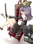  black_gloves blush breasts chair commentary glaive gloves goma_(gomasamune) highres kantai_collection mechanical_halo medium_breasts polearm purple_hair red_eyes shoes short_hair sitting smile solo tatsuta_(kantai_collection) weapon 