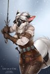  5_fingers anthro armor black_fur black_nose canine clothed clothing cosplay day english_text eyelashes female fur gloves hair holding_object holding_weapon looking_at_viewer mammal melee_weapon outside red_eyes snow snowing solo sword text the_witcher tril-mizzrim weapon white_hair wide_hips 