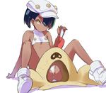  aether_foundation_employee arm_support bare_shoulders black_hair dark_skin eyebrows eyebrows_visible_through_hair flat_chest gen_7_pokemon gzm hair_over_one_eye hat holding looking_at_viewer no_pants panties pokemon pokemon_(creature) pokemon_(game) pokemon_sm sandygast shadow shoes short_hair shovel simple_background sitting sleeveless solo spread_legs underwear white_background white_panties yellow_eyes 