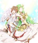  1girl angel bad_id bad_pixiv_id blush brown_hair dress gloves green_eyes green_hair hair_ornament jewelry kid_icarus kid_icarus_uprising long_hair one_eye_closed open_mouth palutena pit_(kid_icarus) purple_eyes short_hair smile sobame_shi_o thighhighs white_legwear wings 