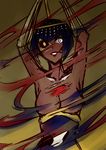  arms_raised black_hair black_sclera blood blue_eyes breasts dark_skin egyptian eliza_(skullgirls) female lipstick parasite sekhmet_(skullgirls) short_hair skeleton skullgirls smile teeth yellow_eyes 