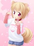  :p animal_ears blonde_hair clothes_writing collar dog_collar dog_ears dog_tail haru_(inuarashi) highres inuarashi looking_at_viewer off_shoulder original paw_pose pink_background red_eyes shirt short_hair solo t-shirt tail tongue tongue_out 