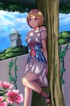  alice_margatroid alternate_costume ankle_ribbon arm_behind_back bare_shoulders blonde_hair blue_eyes blue_sky bush cloud collarbone commentary_request dappled_sunlight day dress du_mogu flower flower_request hairband hand_on_own_arm highres holding_arm ivy kirisame_marisa layered_dress leg_up legs lolita_hairband looking_at_viewer outdoors parted_lips plant ribbon sandals shade short_hair sky solo statue sundress sunlight touhou tree under_tree vines wall yukkuri_shiteitte_ne 