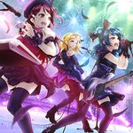  bass_guitar black_feathers blonde_hair blue_hair braid confetti crown_braid electric_guitar feathers guilty_kiss_(love_live!) guitar hair_ornament instrument keyboard_(instrument) long_hair love_live! love_live!_sunshine!! microphone microphone_stand multiple_girls music ohara_mari open_mouth red_hair rymerge sakurauchi_riko singing smile stage sweat sweatdrop tsushima_yoshiko 