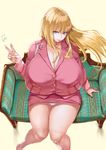  akimoto_katherine_reiko blonde_hair blue_eyes breasts bursting_breasts cleavage couch dress from_above gigantic_breasts highres kochikame lips long_hair looking_at_viewer miniskirt panties pantyshot seinto_(metameter) sitting skirt smile solo thighs underwear v white_panties 