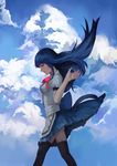 absurdres black_legwear blue_hair blue_sky breasts cloud day dress hand_up highres hinanawi_tenshi jiliang_ji_ying layered_dress light_smile long_hair looking_down neck_ribbon no_hat no_headwear open_hand outdoors profile puffy_short_sleeves puffy_sleeves red_eyes ribbon short_sleeves sky small_breasts solo thighhighs touhou very_long_hair wind wind_lift 