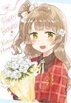  :d bangs blush bouquet bow brown_hair capelet character_name collared_shirt flower gmanee grey_hair hair_bow hair_flower hair_ornament happy_birthday highres holding holding_bouquet long_hair love_live! love_live!_school_idol_project minami_kotori neck_ribbon open_mouth plaid ribbon shirt simple_background smile solo upper_body wavy_hair white_background yellow_eyes 