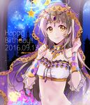  arabian_clothes breasts brown_eyes happy_birthday highres jewelry long_hair love_live! love_live!_school_idol_project md5_mismatch medium_breasts midriff minami_kotori navel noka_(blackheart1118) sky smile solo star_(sky) starry_sky veil yellow_eyes 