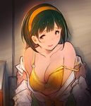  bangs bare_shoulders blunt_bangs bow bra breasts brown_eyes cleavage clothes_down commentary_request green_hair hairband hanarito idolmaster idolmaster_(classic) long_sleeves looking_at_viewer medium_breasts mole mole_under_mouth off_shoulder open_clothes open_shirt orange_bra orange_hairband otonashi_kotori parted_lips shirt short_hair smile solo strap_slip underwear undressing upper_body 