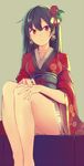  bare_legs black_hair closed_mouth commentary_request earrings floral_print flower hair_flower hair_ornament japanese_clothes jewelry kimono leaf long_hair looking_at_viewer nakaichi_(ridil) obi original red_eyes red_flower red_kimono red_rose rose sash short_kimono sitting solo wide_sleeves 