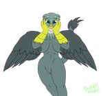  2016 anthro anthrofied areola avian beak big_breasts breasts feathered_wings feathers friendship_is_magic gabby_(mlp) green_eyes gryphon looking_at_viewer my_little_pony nipples pussy solo tezcatl-ayauhtli wings 
