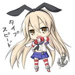  anchor_hair_ornament blonde_hair chibi commentary elbow_gloves gloves hair_ornament hairband kame_rider kamen_rider kamen_rider_drive kamen_rider_drive_(series) kantai_collection lifebuoy light_brown_eyes long_hair miniskirt navel parody pleated_skirt sailor_collar shimakaze_(kantai_collection) skirt solo thighhighs translated 