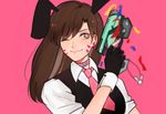  ;) animal_ears bjmaki black_gloves black_vest brown_eyes brown_hair bunny_ears charm_(object) closed_mouth collar collared_shirt confetti d.va_(overwatch) dress_shirt eyebrows eyebrows_visible_through_hair facepaint facial_mark gloves gun handgun holding holding_gun holding_weapon long_hair necktie one_eye_closed overwatch pink_background pink_neckwear shirt short_sleeves simple_background sleeves_pushed_up smile solo upper_body vest weapon whisker_markings white_shirt wing_collar wrist_cuffs 
