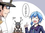  admiral_(kantai_collection) ahoge asymmetrical_hair black_hair blue_eyes blue_hair commentary_request crescent crescent_moon_pin elbow_gloves glasses gloves hat headgear kantai_collection long_hair military military_uniform minazuki_(kantai_collection) multiple_girls nagato_(kantai_collection) naval_uniform open_mouth peaked_cap school_uniform serafuku sir_ichirou translated uniform 